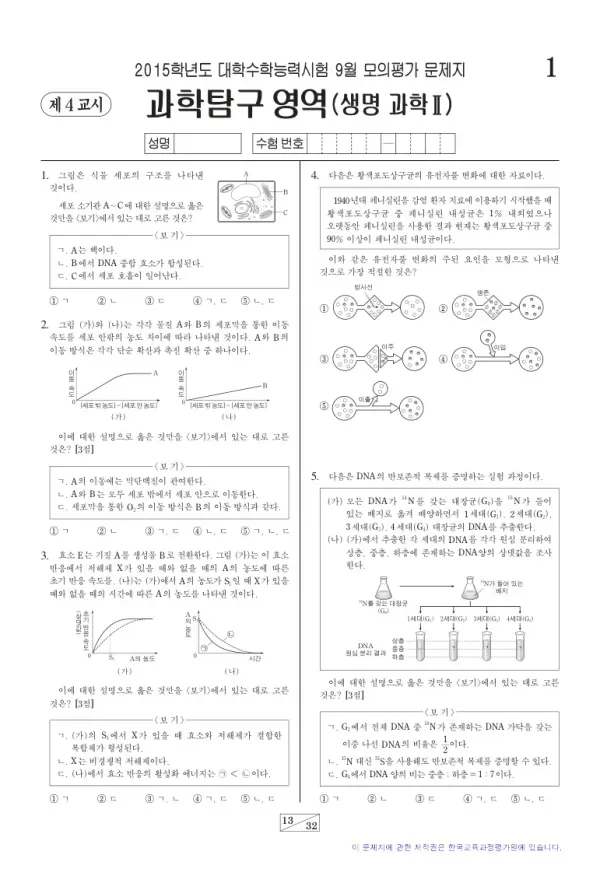 2015학년도 9월 모평(평가원) 생명과학II
