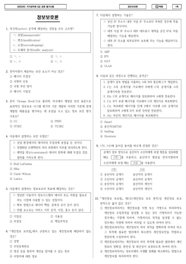 2025년 국가공무원 9급 정보보호론 (나)