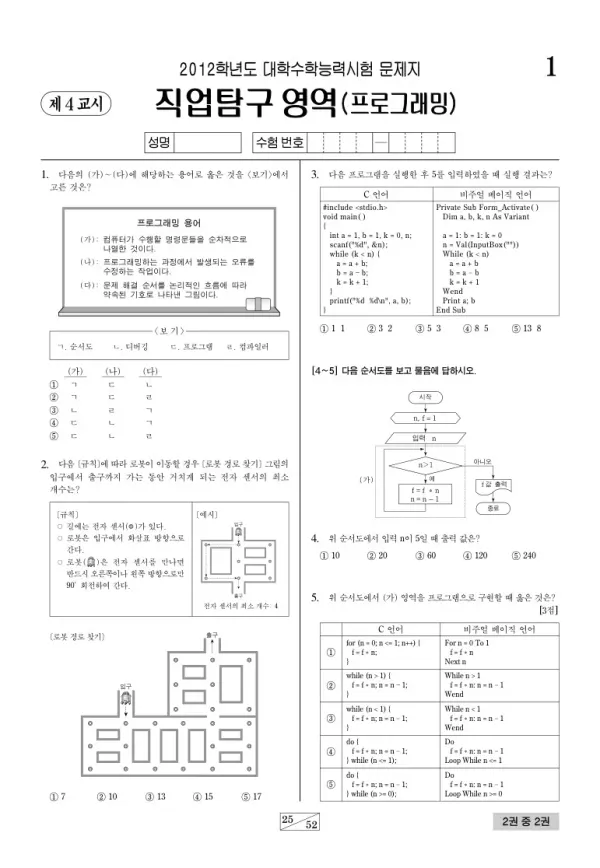 2012학년도 수능 프로그래밍