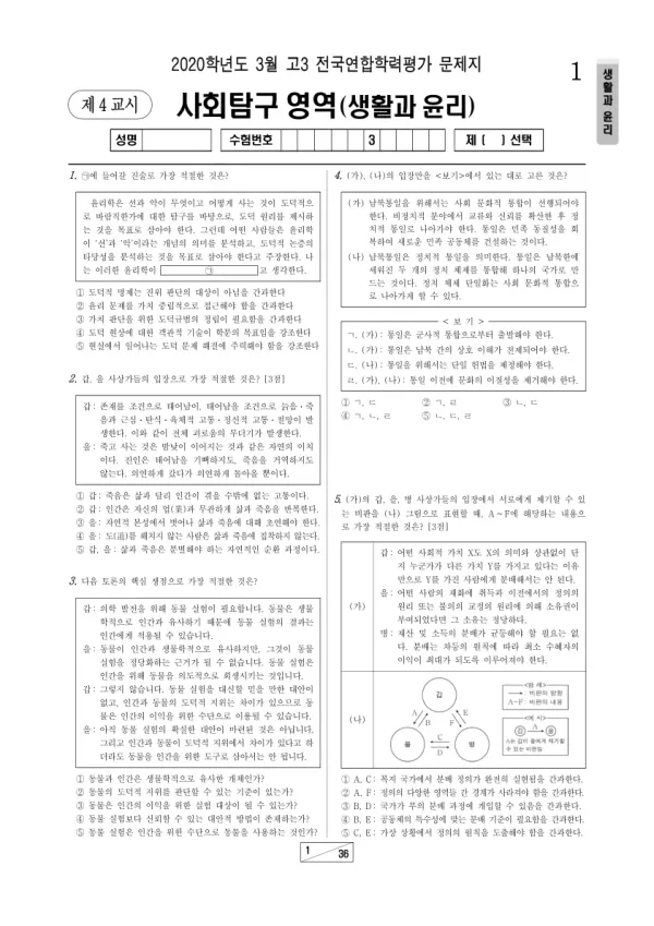 2020년 3월 고3 사회탐구 생활과 윤리