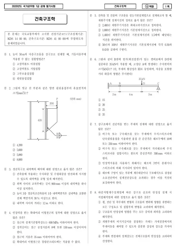2020년 국가공무원 7급 건축구조학 (나)