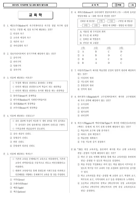 2021년 국가공무원 7급 2차 교육학 (가)