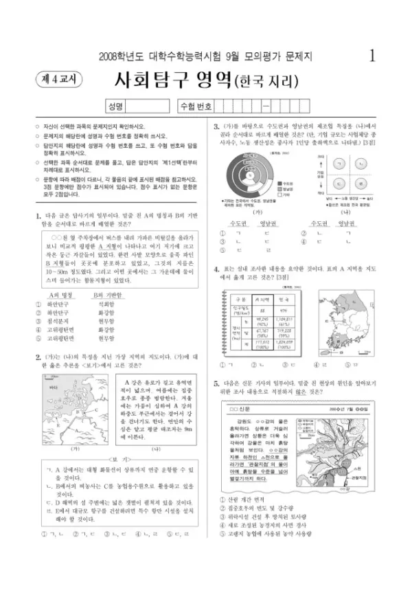 2008학년도 9월 모평(평가원) 한국지리