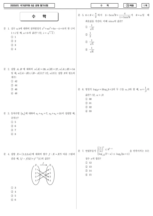 2020년 국가공무원 9급 수학 (가)