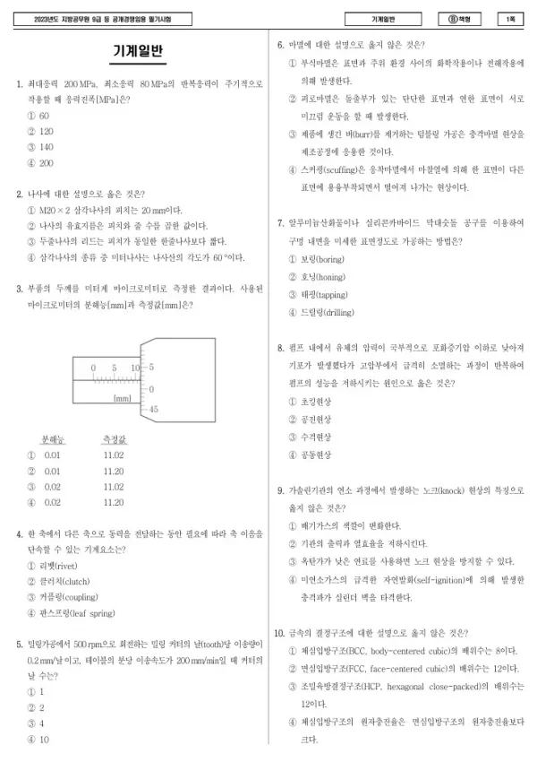 2023년 제1회 지방공무원 9급 기계일반 (B)