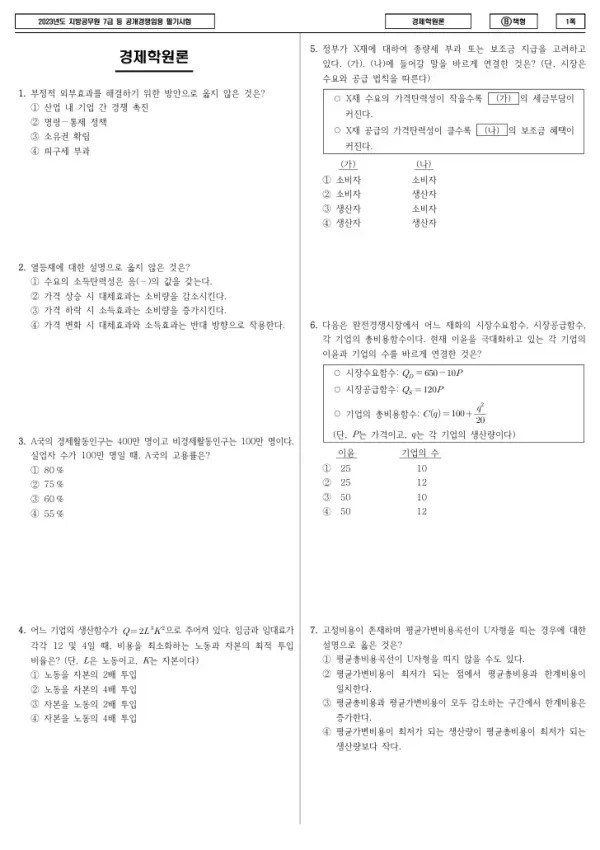 2023년 제2회 지방공무원 7급 경제학원론 (B)