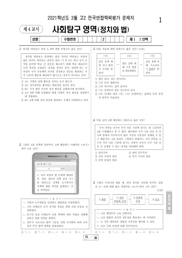 2021년 3월 고2 사회탐구 정치와 법
