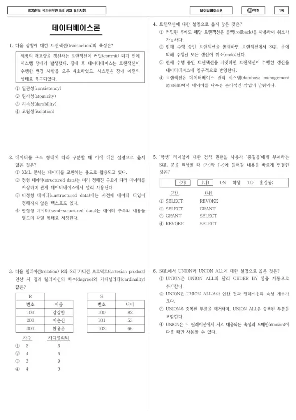 2025년 국가공무원 9급 데이터베이스론 (나)