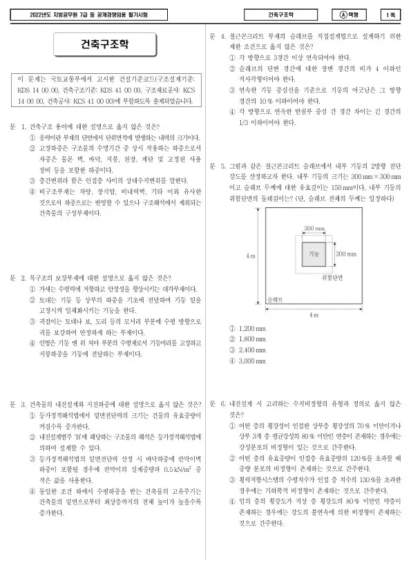 2022년 제2회 지방공무원 7급 건축구조학 (A)