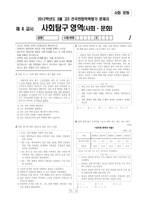 2012년 3월 고3 학평(서울) 사회문화