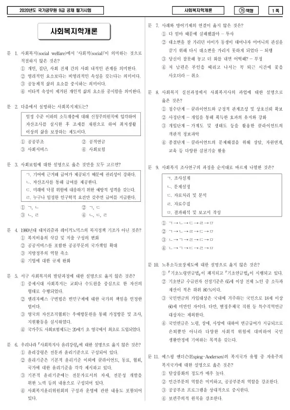 2020년 국가공무원 9급 사회복지학개론 (가)