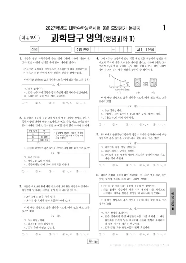 2026년 고3 9월 모평(평가원) 생명과학Ⅱ