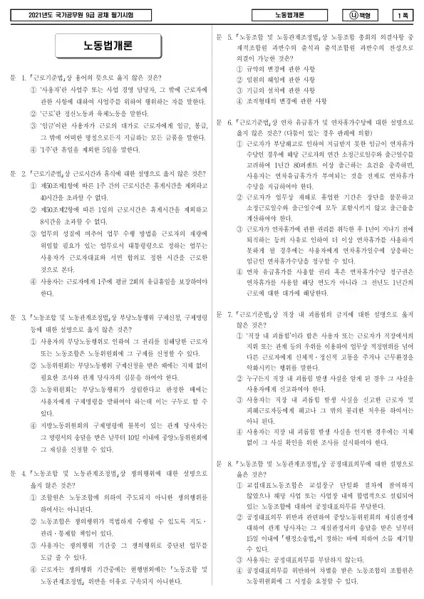 2021년 국가공무원 9급 노동법개론 (나)
