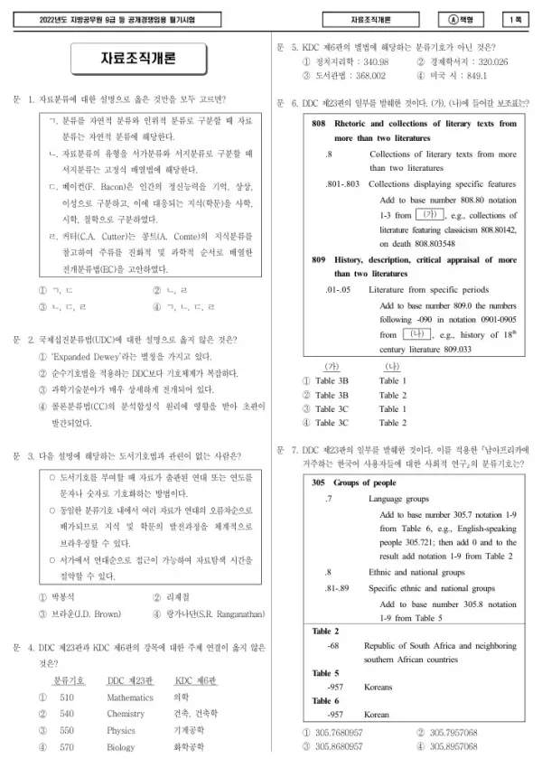 2022년 제1회 지방공무원 9급 자료조직개론 (A)