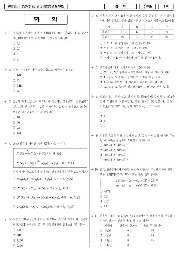 2020년 제1회 지방공무원 9급 화학 (D)