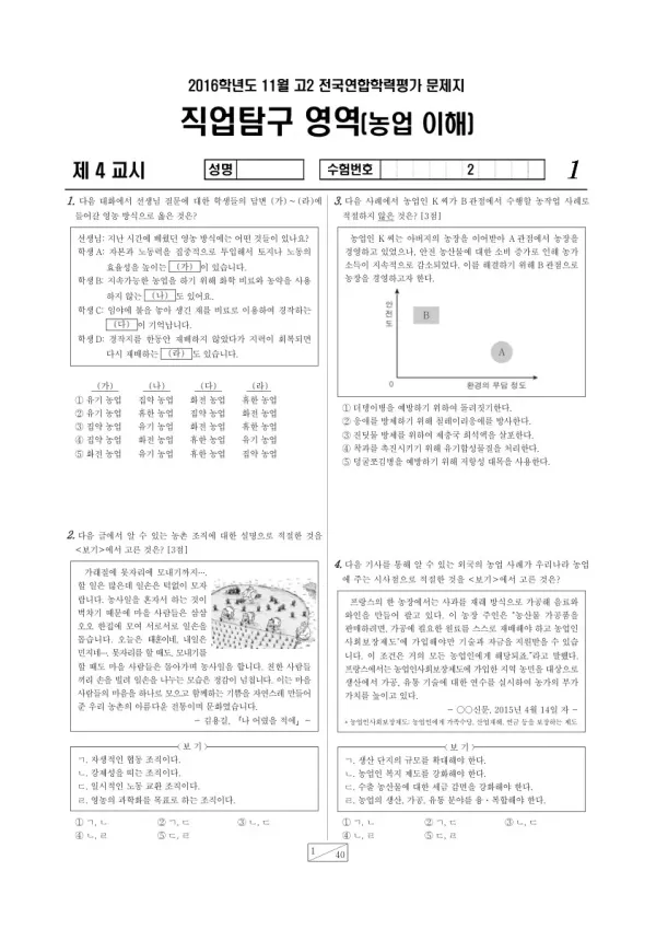 2016년 11월 고2 학평(경기) 농업 이해