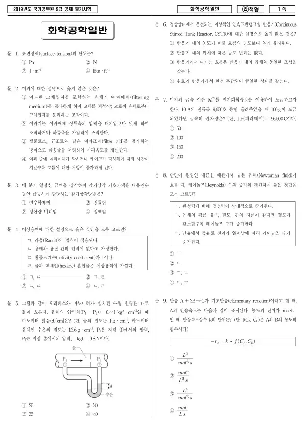 2019년 국가공무원 9급 화학공학일반 (라)