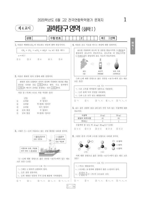 2020년 6월 고2 과학탐구 화학 I