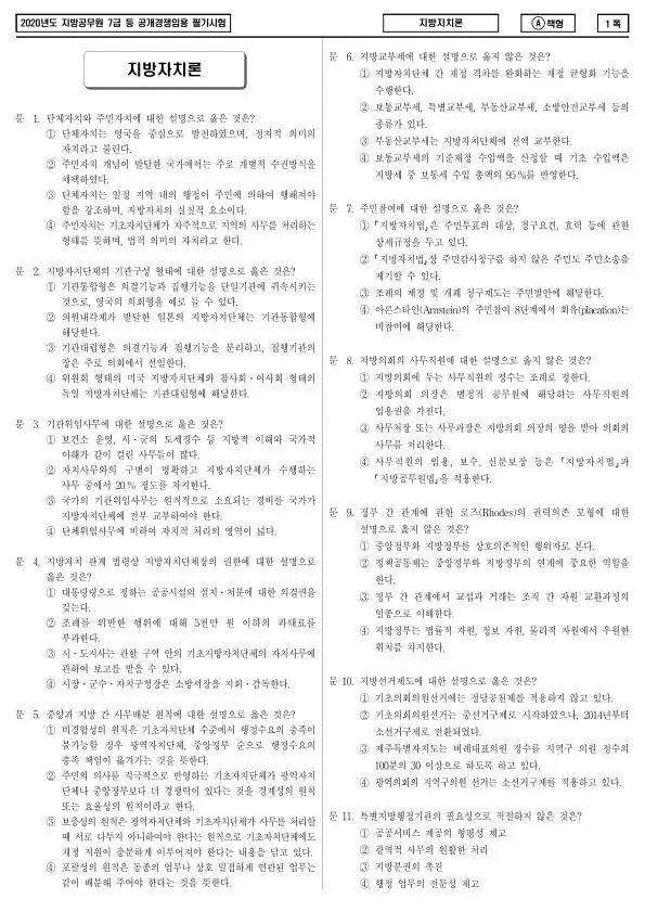2020년 제2회 지방공무원 7급 지방자치론 (A)