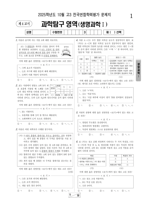 2025년 10월 고3 과학탐구 생명과학 I