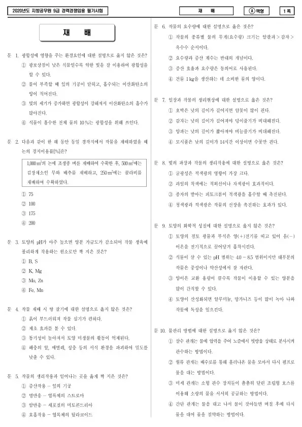 2020년 제2회 지방공무원 9급 경력경쟁 재배 (A)
