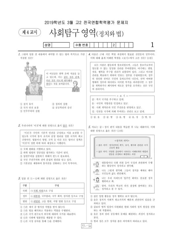 2019년 3월 고2 사회탐구 정치와 법