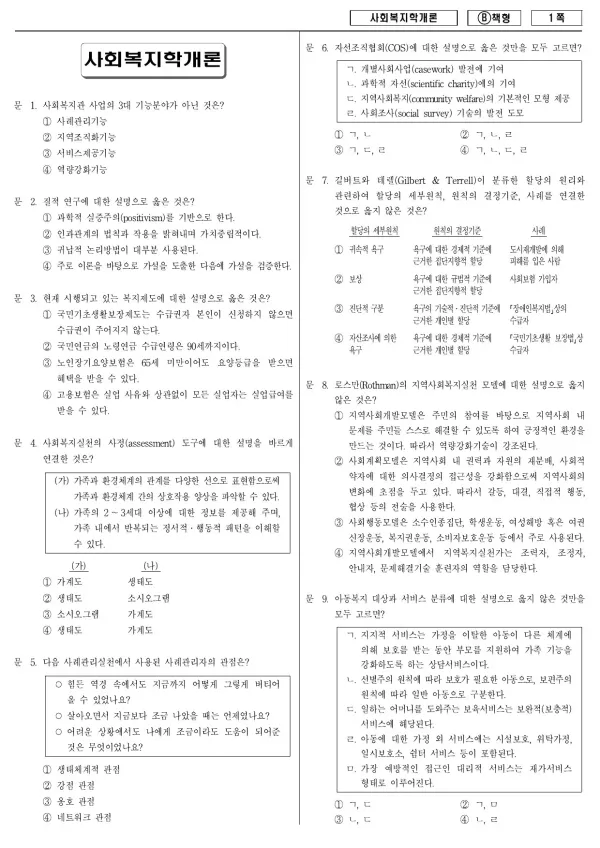 2018년 제1회 지방공무원 9급 사회복지학개론 (B)