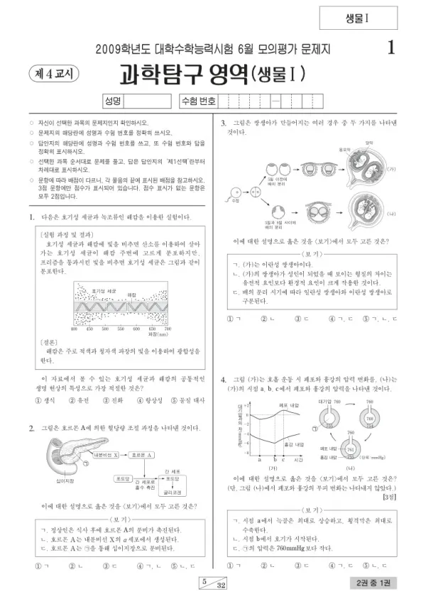 2009학년도 6월 모평(평가원) 생명과학I