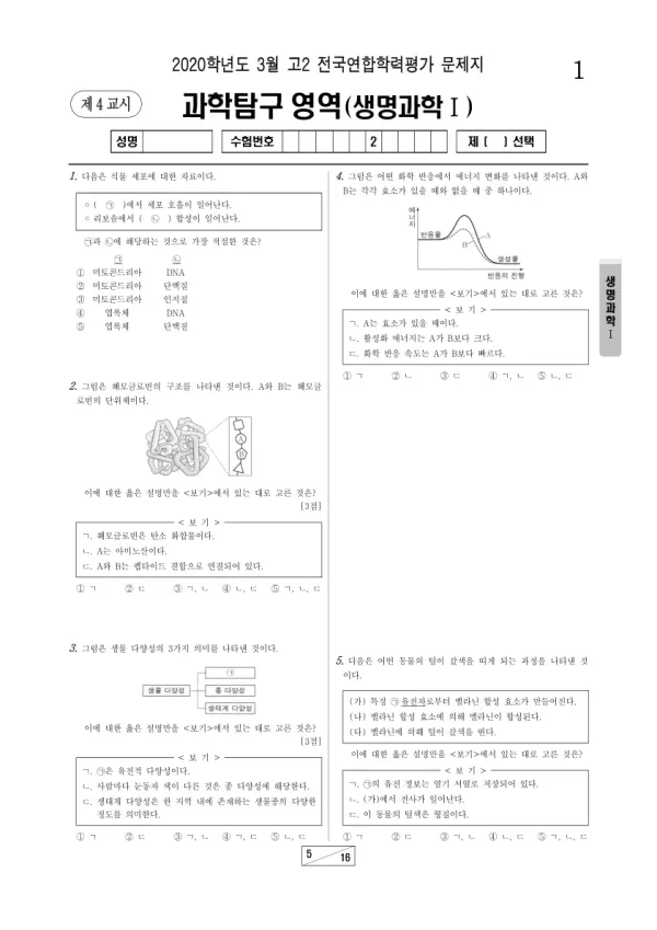 2020년 3월 고2 과학탐구 생명과학 I