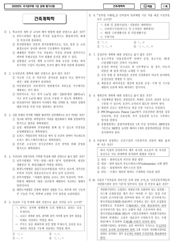2020년 국가공무원 7급 건축계획학 (나)