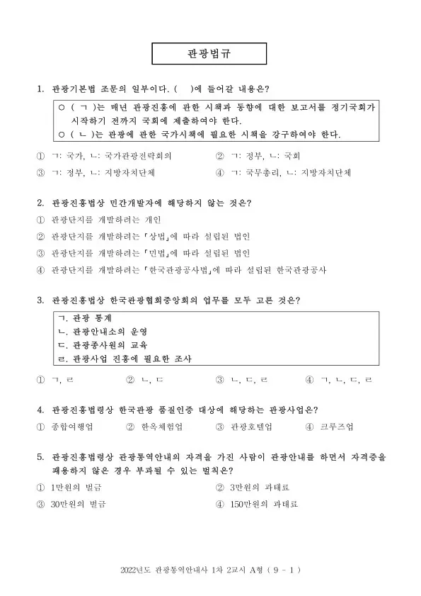 2022년 관광통역안내사 1차 2교시 관광법규, 관광학개론