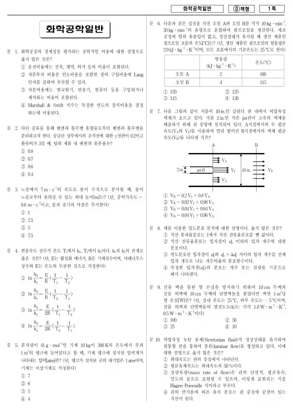 2017년 제1회 지방공무원 9급 화학공학일반 (D)
