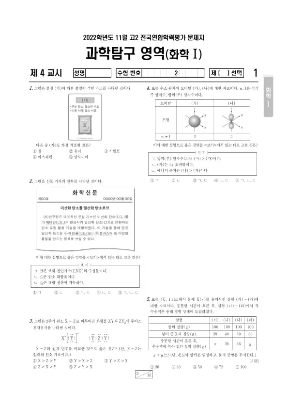 2022년 11월 고2 과학탐구 화학 I 썸네일 이미지