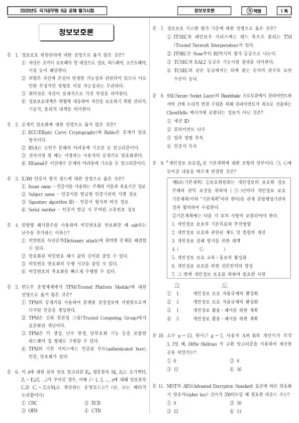 2020년 국가공무원 9급 정보보호론 (가)