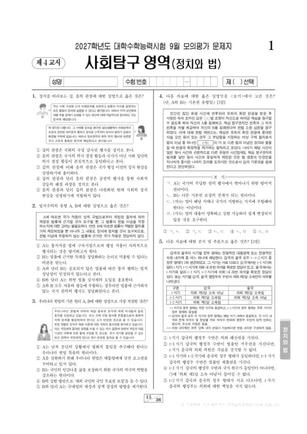 2026년 고3 9월 모평(평가원) 정치와 법