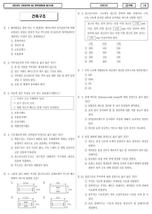 2022년 제2회 지방공무원 9급 경력경쟁 건축구조 (A)