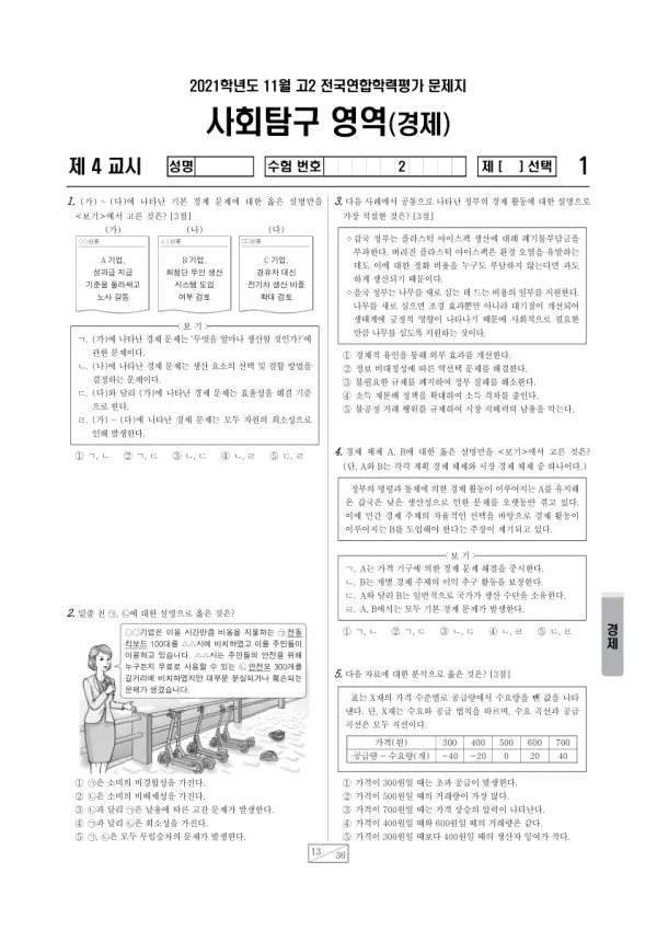 2021년 11월 고2 사회탐구 경제