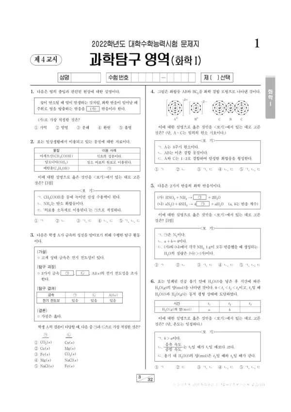 2022학년도 수능 화학 I
