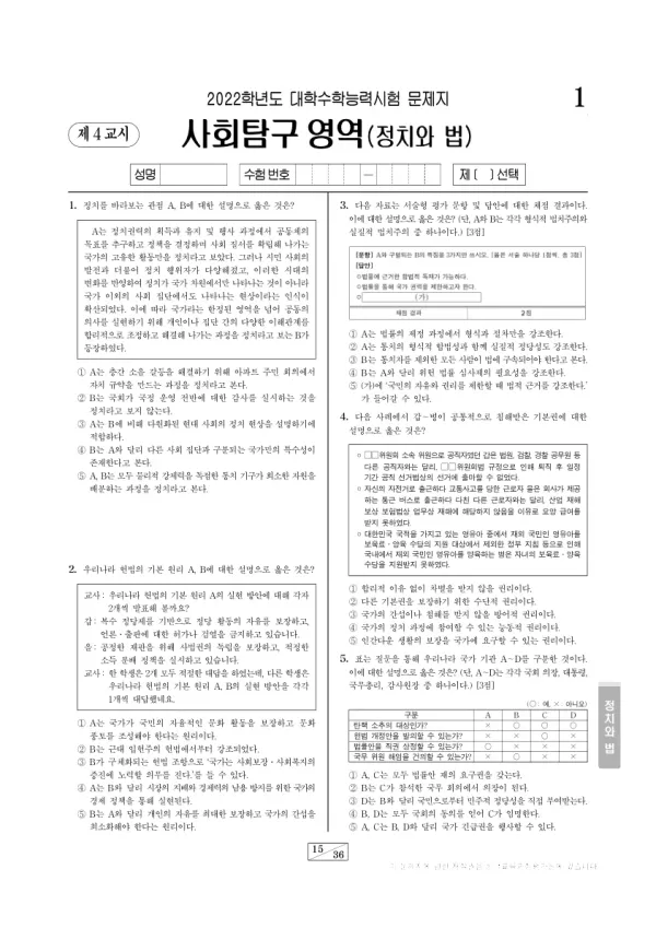 2022학년도 수능 정치와 법