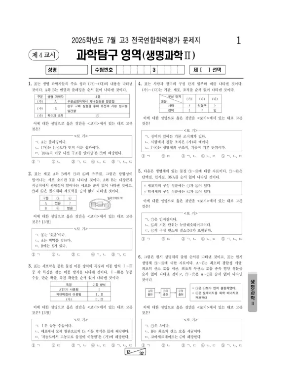 2025년 7월 고3 과학탐구 생명과학 II