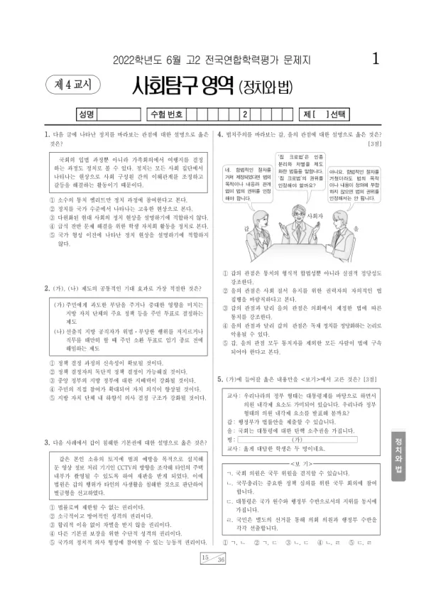 2022년 6월 고2 사회탐구 정치와 법