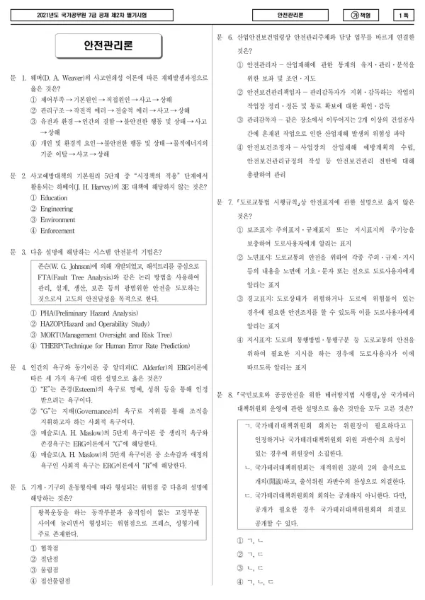 2021년 국가공무원 7급 2차 안전관리론 (가)