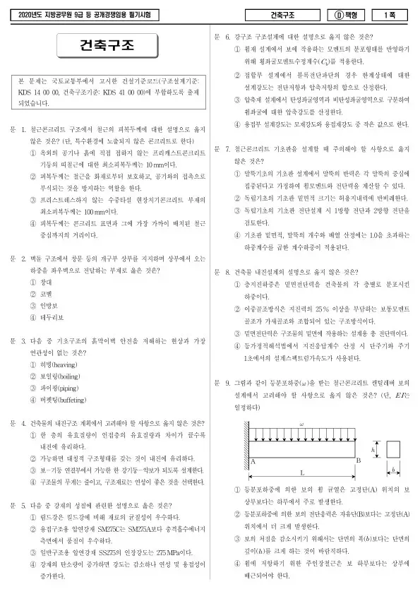 2020년 제1회 지방공무원 9급 건축구조 (D)