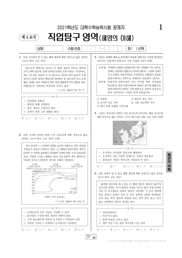 2021학년도 수능 해양의 이해