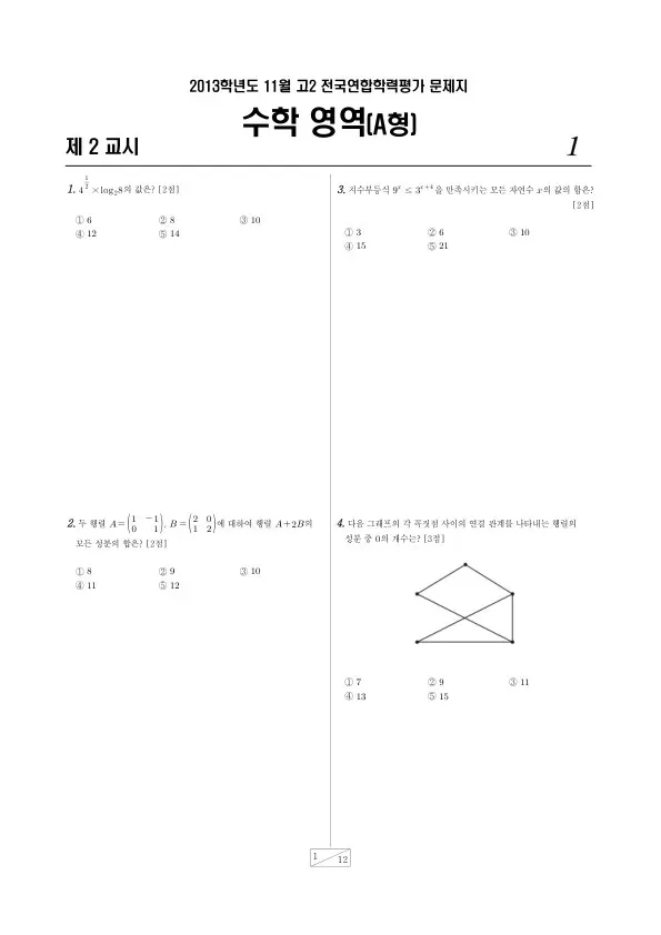 2013년 11월 고2 학평(경기) 수학A