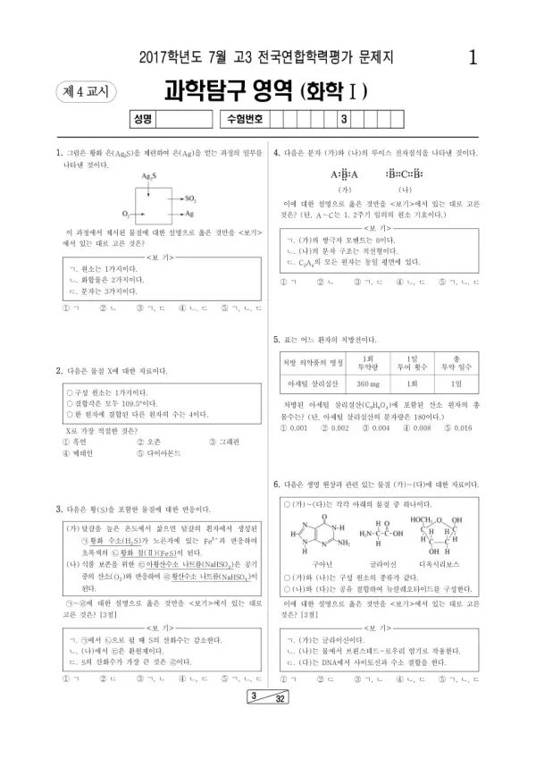 2017년 7월 고3 학평(인천) 화학I