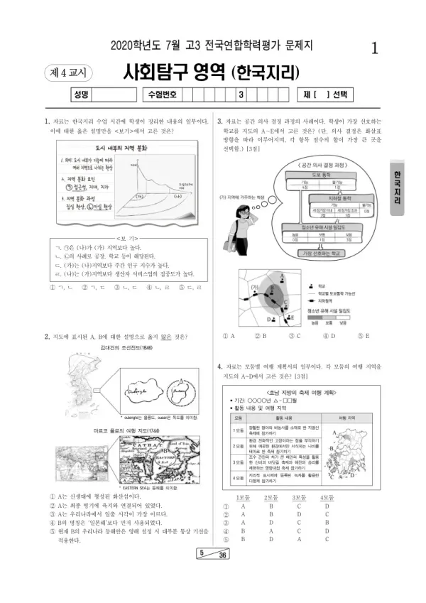 2020년 7월 고3 학평(인천) 한국지리