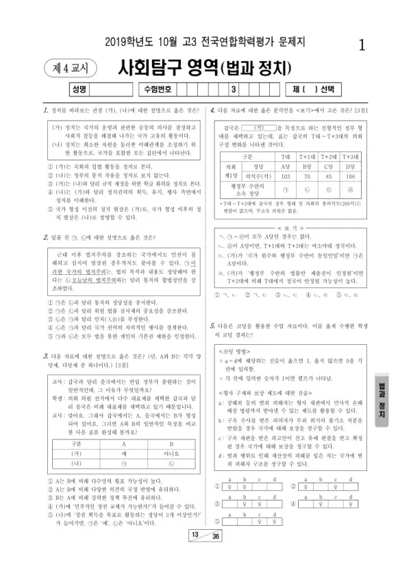 2019년 10월 고3 학평(서울) 법과정치