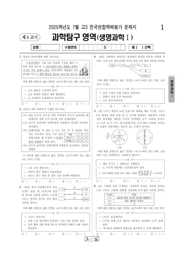 2025년 7월 고3 학평(인천) 생명과학I