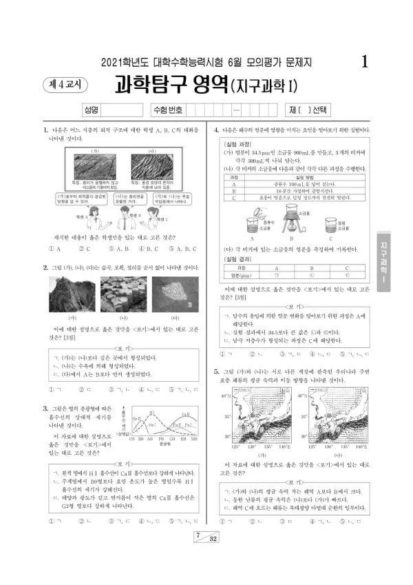 2021년 6월 고3 과학탐구 지구과학 I